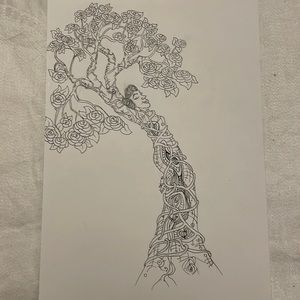 Unframed Original Art Unique Drawing Tree Lady in Ink on Paper Female Form
